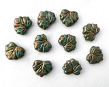 Maple Leaf Beads Opaque Army Green with Gold and Coral Finish 10x13mm Center Drilled Czech Glass Beads 0EVE1500