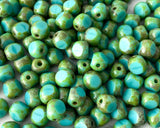 6mm Druk Bead Turquoise Blue with Green Picasso Edge Vintage Tri Cut Style Czech Glass Beads 0EVE2011