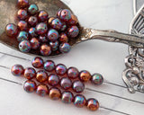 8mm Czech Glass Round Druk Beads Burnt Umber with Copper and Mother of Pearl Coating 0EVE1891